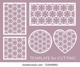 Decorative panels set for laser cutting. Geometric round ornament and heart element for wedding invitation, envelope, greeting card. Template for paper cut, printing. Stencil manufacturing