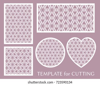 Decorative panels set for laser cutting. Geometric round ornament and heart element for wedding invitation, envelope, greeting card. Template for paper cut, printing. Stencil manufacturing