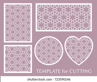 Decorative panels set for laser cutting. Geometric round ornament and heart element for wedding invitation, envelope, greeting card. Template for paper cut, printing. Stencil manufacturing
