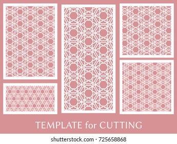 Decorative panels set for laser cutting. Geometric ornament for wedding invitation, envelope, greeting or business cards, Template for paper cut, printing, engraving wood, metal. Stencil manufacturing