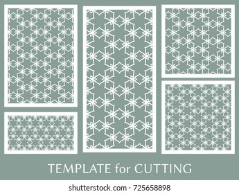 Decorative panels set for laser cutting. Geometric ornament for wedding invitation, envelope, greeting or business cards, Template for paper cut, printing, engraving wood, metal. Stencil manufacturing