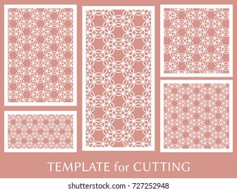 Decorative panels set for laser cutting. Geometric ornament for wedding invitation, envelope, greeting or business cards, Template for paper cut, printing, engraving wood, metal. Stencil manufacturing