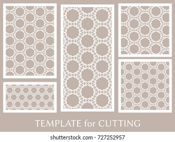 Decorative panels set for laser cutting. Geometric ornament for wedding invitation, envelope, greeting or business cards, Template for paper cut, printing, engraving wood, metal. Stencil manufacturing