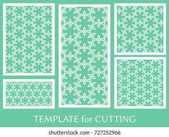 Decorative panels set for laser cutting. Geometric ornament for wedding invitation, envelope, greeting or business cards, Template for paper cut, printing, engraving wood, metal. Stencil manufacturing