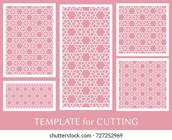 Decorative panels set for laser cutting. Geometric ornament for wedding invitation, envelope, greeting or business cards, Template for paper cut, printing, engraving wood, metal. Stencil manufacturing
