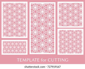 Decorative panels set for laser cutting. Geometric ornament for wedding invitation, envelope, greeting or business cards, Template for paper cut, printing, engraving wood, metal. Stencil manufacturing