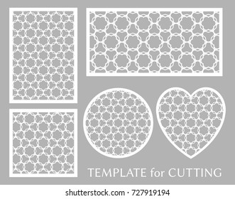 Decorative panels set for laser cutting. Geometric round ornament and heart element for wedding invitation, envelope, greeting card. Template for paper cut, printing. Stencil manufacturing