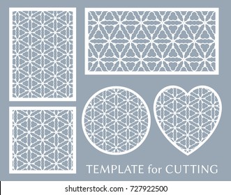 Decorative panels set for laser cutting. Geometric round ornament and heart element for wedding invitation, envelope, greeting card. Template for paper cut, printing. Stencil manufacturing
