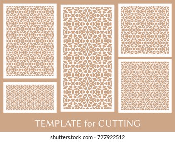 Decorative panels set for laser cutting. Geometric ornament for wedding invitation, envelope, greeting or business cards, Template for paper cut, printing, engraving wood, metal. Stencil manufacturing