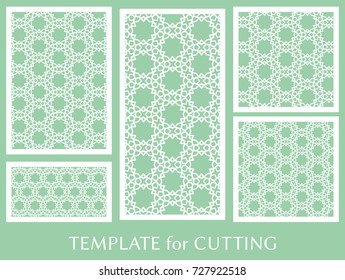 Decorative panels set for laser cutting. Geometric ornament for wedding invitation, envelope, greeting or business cards, Template for paper cut, printing, engraving wood, metal. Stencil manufacturing
