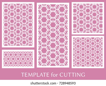 Decorative panels set for laser cutting. Geometric ornament for wedding invitation, envelope, greeting or business cards, Template for paper cut, printing, engraving wood, metal. Stencil manufacturing