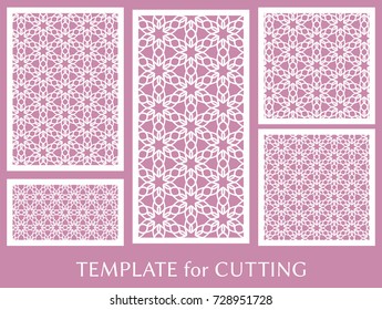 Decorative panels set for laser cutting. Geometric ornament for wedding invitation, envelope, greeting or business cards, Template for paper cut, printing, engraving wood, metal. Stencil manufacturing