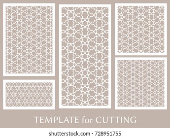 Decorative panels set for laser cutting. Geometric ornament for wedding invitation, envelope, greeting or business cards, Template for paper cut, printing, engraving wood, metal. Stencil manufacturing