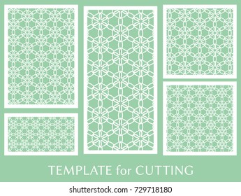 Decorative panels set for laser cutting. Geometric ornament for wedding invitation, envelope, greeting or business cards, Template for paper cut, printing, engraving wood, metal. Stencil manufacturing