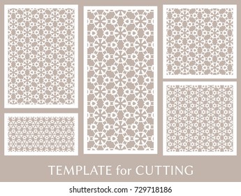 Decorative panels set for laser cutting. Geometric ornament for wedding invitation, envelope, greeting or business cards, Template for paper cut, printing, engraving wood, metal. Stencil manufacturing
