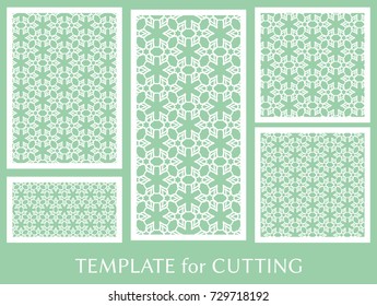Decorative panels set for laser cutting. Geometric ornament for wedding invitation, envelope, greeting or business cards, Template for paper cut, printing, engraving wood, metal. Stencil manufacturing