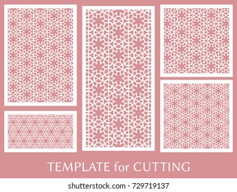 Decorative panels set for laser cutting. Geometric ornament for wedding invitation, envelope, greeting or business cards, Template for paper cut, printing, engraving wood, metal. Stencil manufacturing
