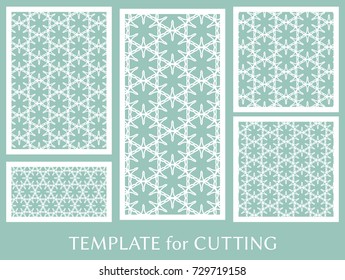 Decorative panels set for laser cutting. Geometric ornament for wedding invitation, envelope, greeting or business cards, Template for paper cut, printing, engraving wood, metal. Stencil manufacturing