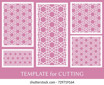 Decorative panels set for laser cutting. Geometric ornament for wedding invitation, envelope, greeting or business cards, Template for paper cut, printing, engraving wood, metal. Stencil manufacturing
