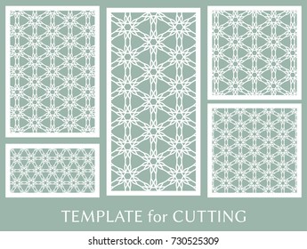 Decorative panels set for laser cutting. Geometric ornament for wedding invitation, envelope, greeting or business cards, Template for paper cut, printing, engraving wood, metal. Stencil manufacturing