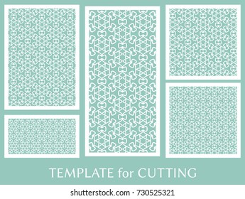 Decorative panels set for laser cutting. Geometric ornament for wedding invitation, envelope, greeting or business cards, Template for paper cut, printing, engraving wood, metal. Stencil manufacturing