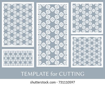 Decorative panels set for laser cutting. Geometric ornament for wedding invitation, envelope, greeting or business cards, Template for paper cut, printing, engraving wood, metal. Stencil manufacturing