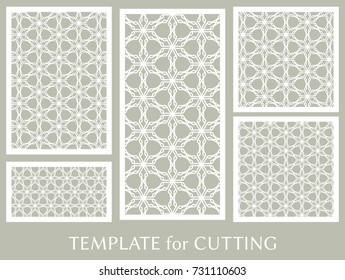 Decorative panels set for laser cutting. Geometric ornament for wedding invitation, envelope, greeting or business cards, Template for paper cut, printing, engraving wood, metal. Stencil manufacturing