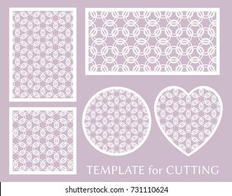 Decorative panels set for laser cutting. Geometric round ornament and heart element for wedding invitation, envelope, greeting card. Template for paper cut, printing. Stencil manufacturing