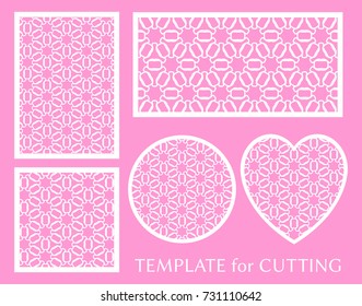 Decorative panels set for laser cutting. Geometric round ornament and heart element for wedding invitation, envelope, greeting card. Template for paper cut, printing. Stencil manufacturing