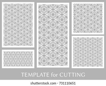 Decorative panels set for laser cutting. Geometric ornament for wedding invitation, envelope, greeting or business cards, Template for paper cut, printing, engraving wood, metal. Stencil manufacturing
