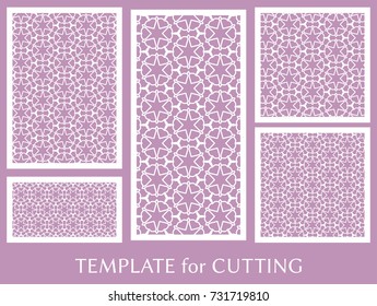 Decorative panels set for laser cutting. Geometric ornament for wedding invitation, envelope, greeting or business cards, Template for paper cut, printing, engraving wood, metal. Stencil manufacturing