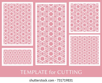 Decorative panels set for laser cutting. Geometric ornament for wedding invitation, envelope, greeting or business cards, Template for paper cut, printing, engraving wood, metal. Stencil manufacturing