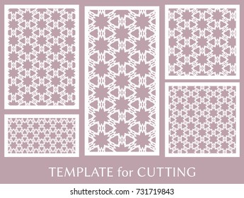 Decorative panels set for laser cutting. Geometric ornament for wedding invitation, envelope, greeting or business cards, Template for paper cut, printing, engraving wood, metal. Stencil manufacturing