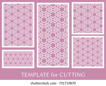 Decorative panels set for laser cutting. Geometric ornament for wedding invitation, envelope, greeting or business cards, Template for paper cut, printing, engraving wood, metal. Stencil manufacturing