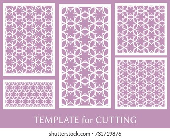 Decorative panels set for laser cutting. Geometric ornament for wedding invitation, envelope, greeting or business cards, Template for paper cut, printing, engraving wood, metal. Stencil manufacturing