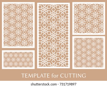 Decorative panels set for laser cutting. Geometric ornament for wedding invitation, envelope, greeting or business cards, Template for paper cut, printing, engraving wood, metal. Stencil manufacturing