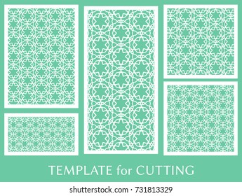 Decorative panels set for laser cutting. Geometric ornament for wedding invitation, envelope, greeting or business cards, Template for paper cut, printing, engraving wood, metal. Stencil manufacturing