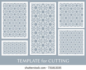 Decorative panels set for laser cutting. Geometric ornament for wedding invitation, envelope, greeting or business cards, Template for paper cut, printing, engraving wood, metal. Stencil manufacturing