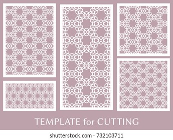 Decorative panels set for laser cutting. Geometric ornament for wedding invitation, envelope, greeting or business cards, Template for paper cut, printing, engraving wood, metal. Stencil manufacturing
