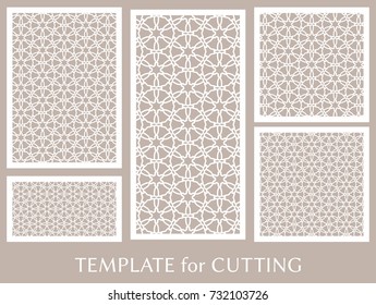 Decorative panels set for laser cutting. Geometric ornament for wedding invitation, envelope, greeting or business cards, Template for paper cut, printing, engraving wood, metal. Stencil manufacturing