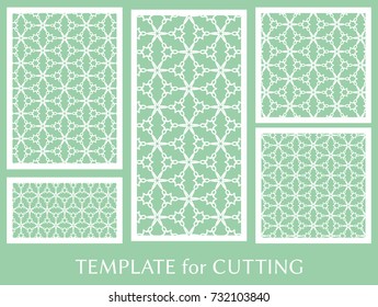 Decorative panels set for laser cutting. Geometric ornament for wedding invitation, envelope, greeting or business cards, Template for paper cut, printing, engraving wood, metal. Stencil manufacturing