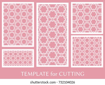 Decorative panels set for laser cutting. Geometric ornament for wedding invitation, envelope, greeting or business cards, Template for paper cut, printing, engraving wood, metal. Stencil manufacturing