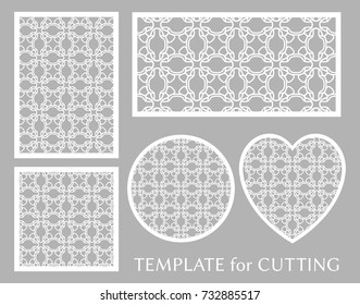 Decorative panels set for laser cutting. Geometric round ornament and heart element for wedding invitation, envelope, greeting card. Template for paper cut, printing. Stencil manufacturing