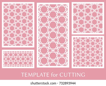 Decorative panels set for laser cutting. Geometric ornament for wedding invitation, envelope, greeting or business cards, Template for paper cut, printing, engraving wood, metal. Stencil manufacturing