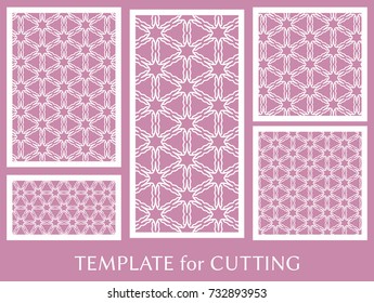 Decorative panels set for laser cutting. Geometric ornament for wedding invitation, envelope, greeting or business cards, Template for paper cut, printing, engraving wood, metal. Stencil manufacturing