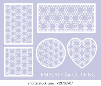 Decorative panels set for laser cutting. Geometric round ornament and heart element for wedding invitation, envelope, greeting card. Template for paper cut, printing. Stencil manufacturing