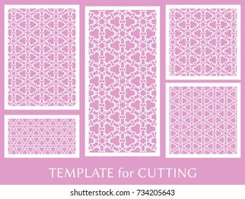 Decorative panels set for laser cutting. Geometric ornament for wedding invitation, envelope, greeting or business cards, Template for paper cut, printing, engraving wood, metal. Stencil manufacturing