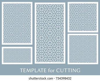 Decorative panels set for laser cutting. Geometric ornament for wedding invitation, envelope, greeting or business cards, Template for paper cut, printing, engraving wood, metal. Stencil manufacturing