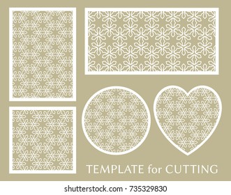 Decorative panels set for laser cutting. Geometric round ornament and heart element for wedding invitation, envelope, greeting card. Template for paper cut, printing. Stencil manufacturing