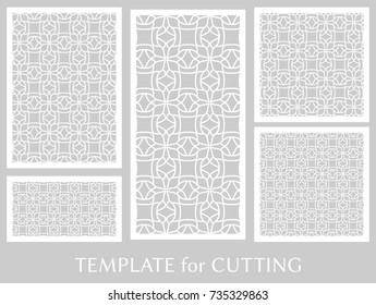 Decorative panels set for laser cutting. Geometric ornament for wedding invitation, envelope, greeting or business cards, Template for paper cut, printing, engraving wood, metal. Stencil manufacturing